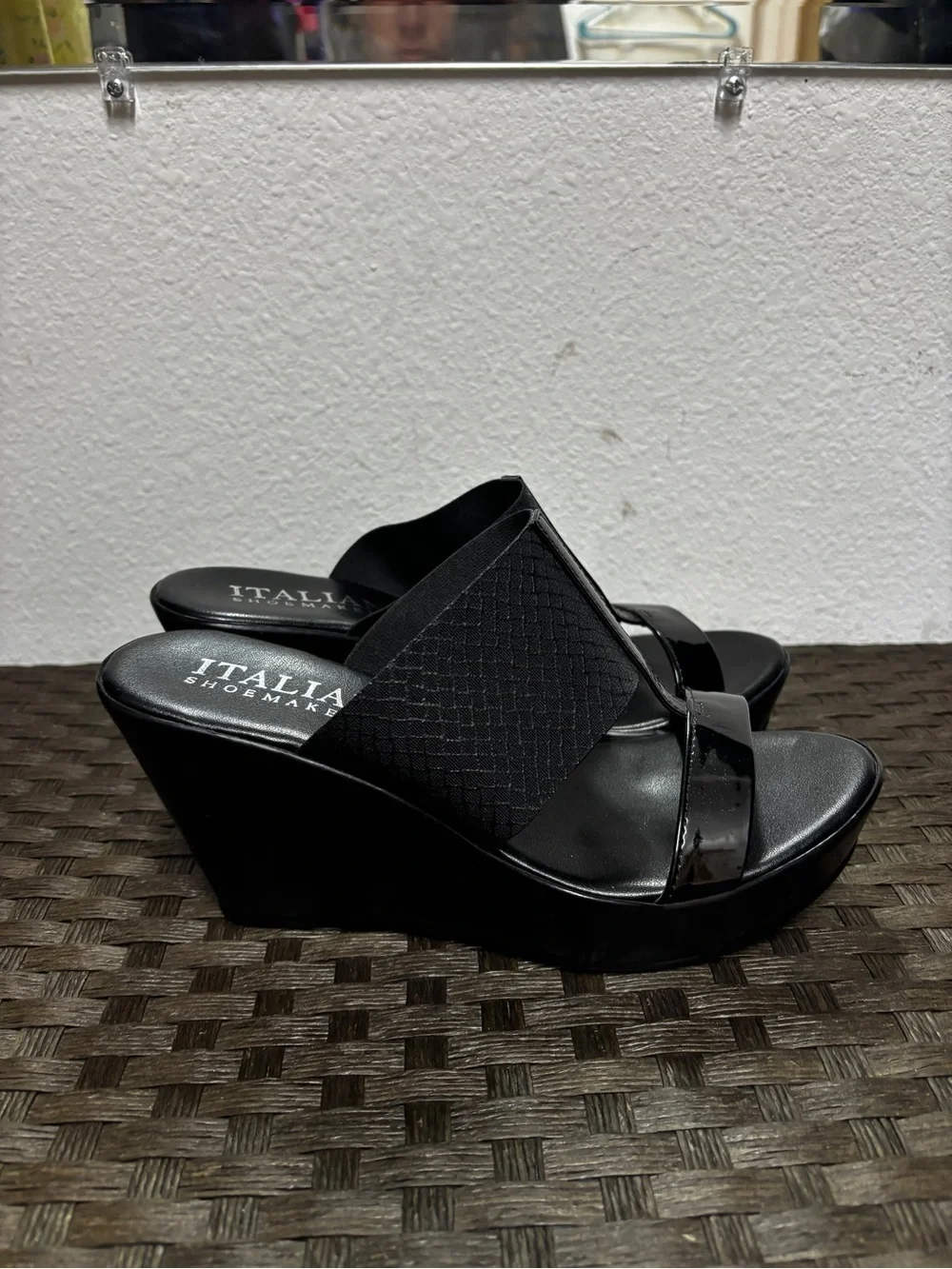 Italian Shoemakers Black Patent and Matte Platform Wedge Slides
